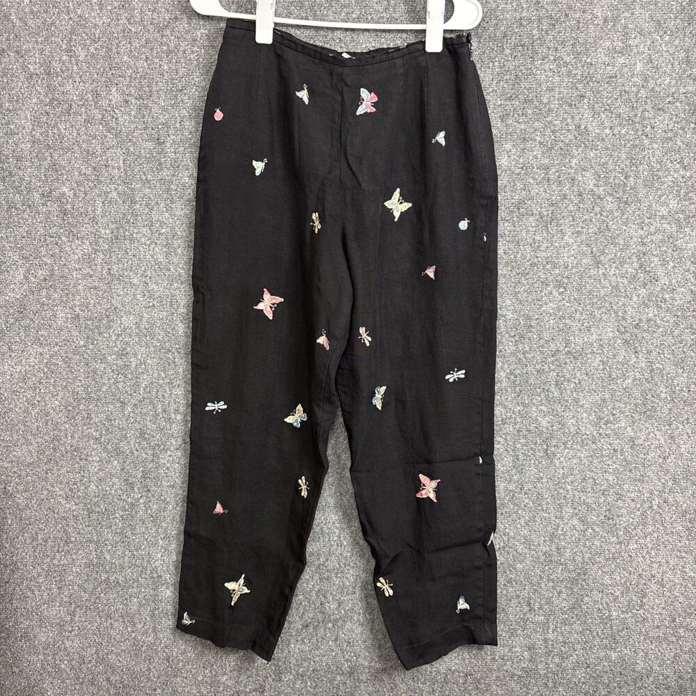 Talbots Pants Womens Size 10 Black Irish Linen Embroidery Artsy Whimsy Garden